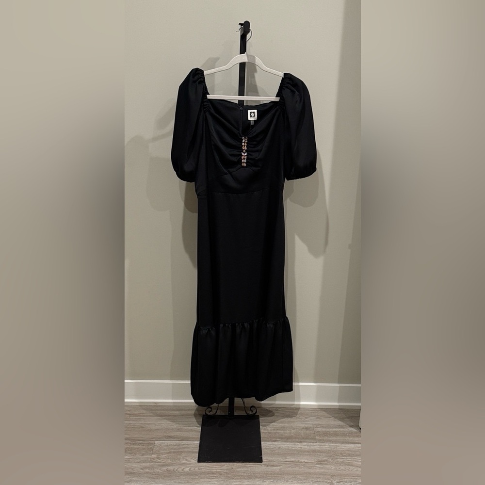 Anne Klein Classic Black Midi, Boat Neck Dress, Jeweled on chest, size 14